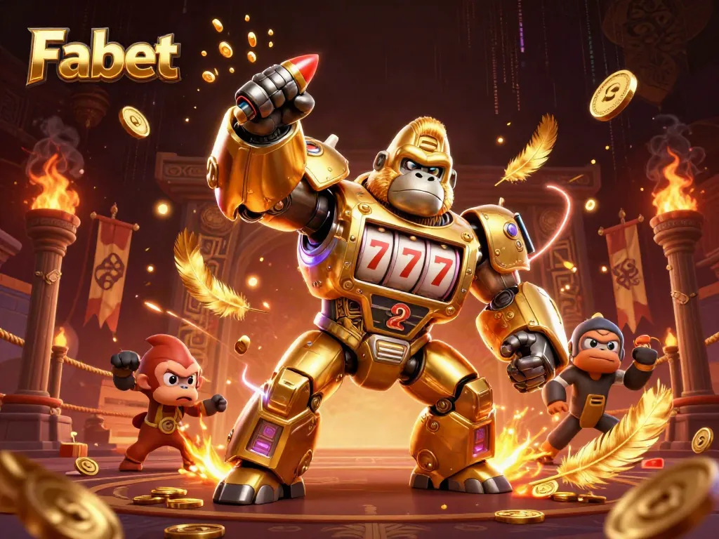 Experience the thrill of Fabet with a dynamic 3D illustration showcasing a golden gorilla mech and vibrant casino elements.