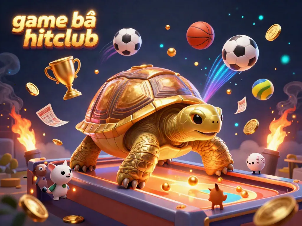 Experience the thrill of game bài hitclub amidst a vibrant scene featuring a golden tortoise pinball, sports elements, and lively animals.