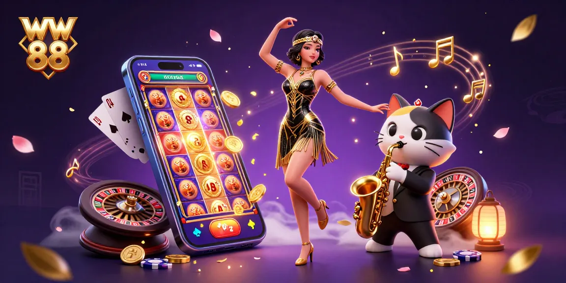Feel the excitement at WW 88 with a vibrant illustration of casino games and festive elements.