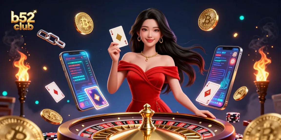 Experience thrilling moments at b52club with a beautiful Asian woman elegantly holding a playing card beside casino elements.