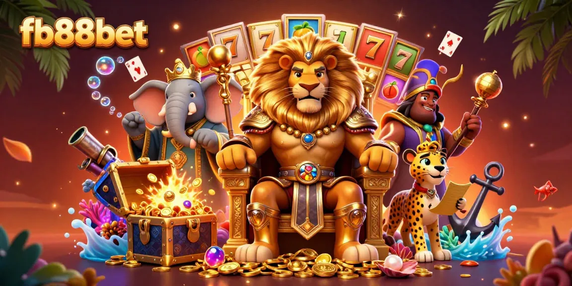 Experience thrilling wins at fb88bet with a vibrant 3D casino scene featuring a lion king, slots, and treasure.