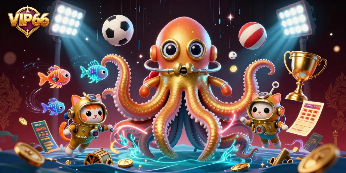 Engage in thrilling gameplay at VIP66, featuring a colorful 3D animation of a kraken and diving cat in a dynamic casino scene.