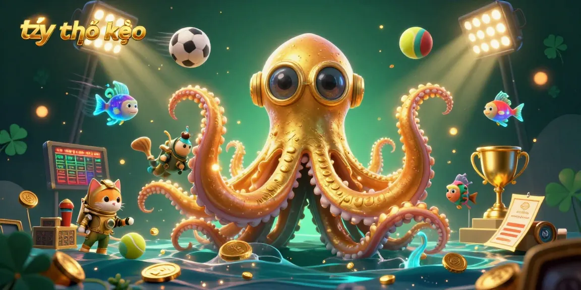 Engage in tỷ lệ kèo action with a vibrant 3D casino scene featuring a kraken, diving cat, sports balls, and trophies.