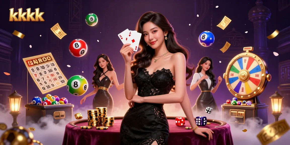 Experience thrilling gameplay with the elegant Asian woman in kkkk casino, holding ace cards amidst vibrant lotteries.