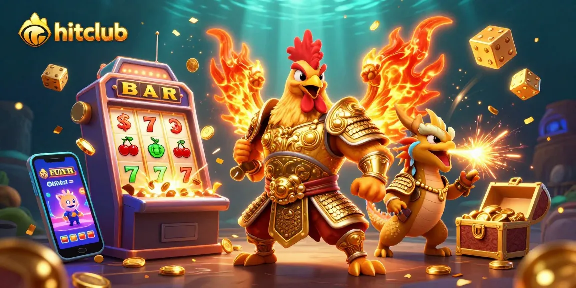Hitclub's vibrant 3D illustration showcases a rooster warrior and dragon amidst a jackpot explosion.