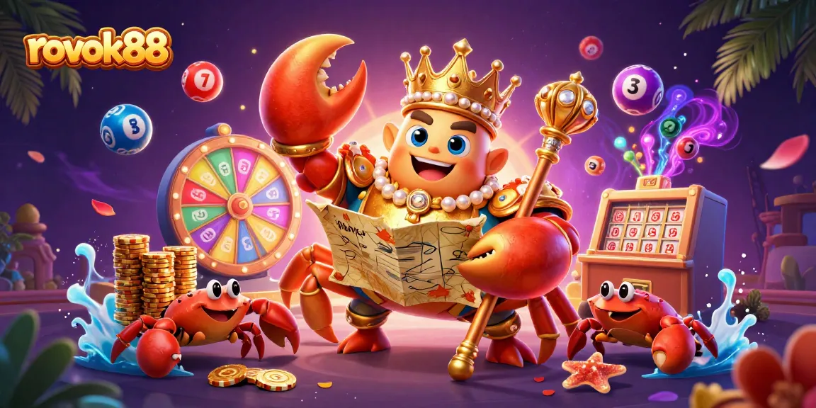 Engage with rokok88 in a vibrant casino graphic featuring a golden crab emperor, gameplay elements, and dynamic visuals.