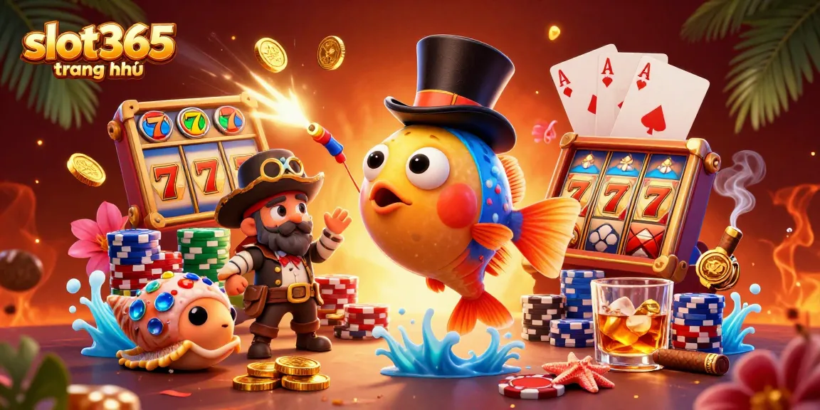 Experience excitement with slot365 trang chủ; a dynamic casino scene featuring a 3D cartoon anglerfish and vibrant gaming elements.