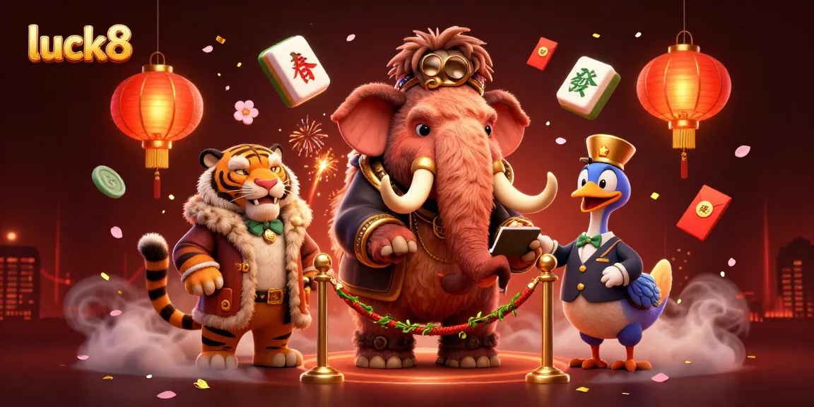 luck8 brings excitement with a woolly mammoth bouncer, saber-tooth tiger VIP, and dodo bird doorman at an online casino entrance.