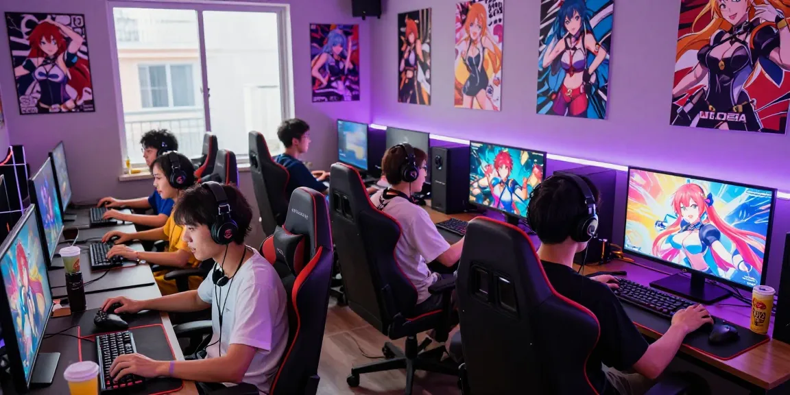 Gamers enjoying ecchi games in a vibrant gaming lounge with colorful graphics and plush chairs.