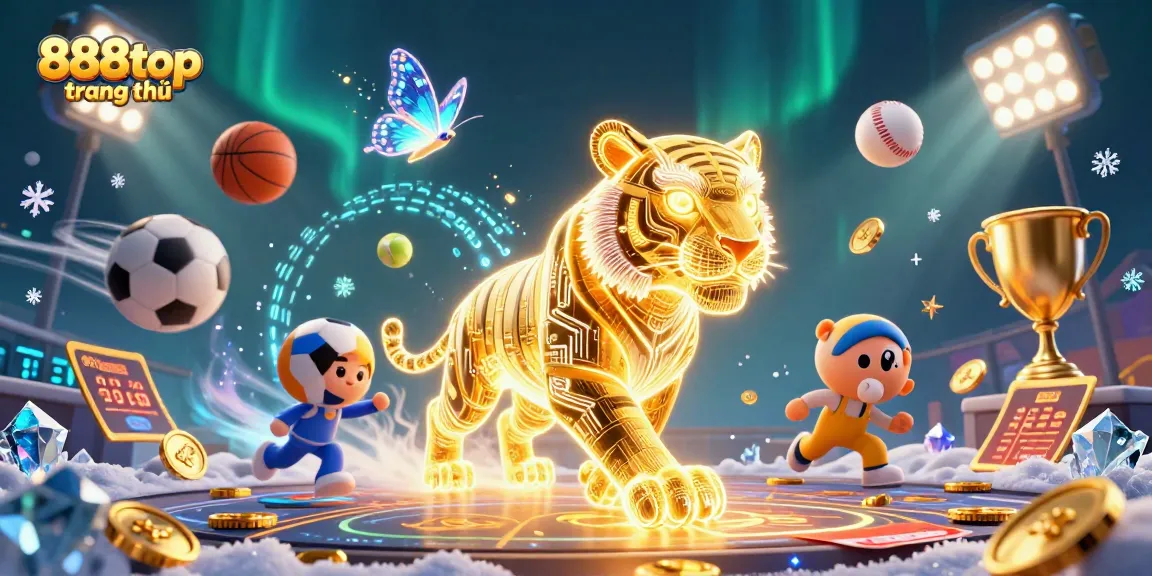 Experience thrilling wins at 888top trang chủ with a vibrant digital casino scene featuring energetic characters and dynamic elements.