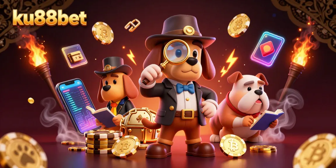 Join the adventure at ku88bet as a detective uncovers poker treasures among glowing crypto coins.