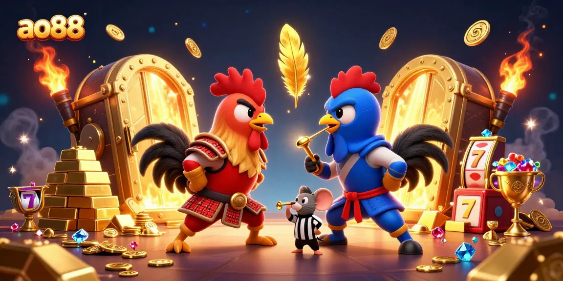 Engage with ao88's vibrant casino experience as roosters challenge each other amidst sparkling treasures.