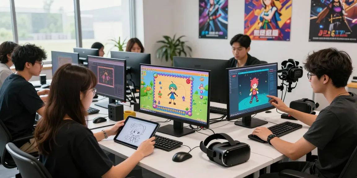 Developers collaborating on ecchi games in a vibrant studio, showcasing game art and technology.