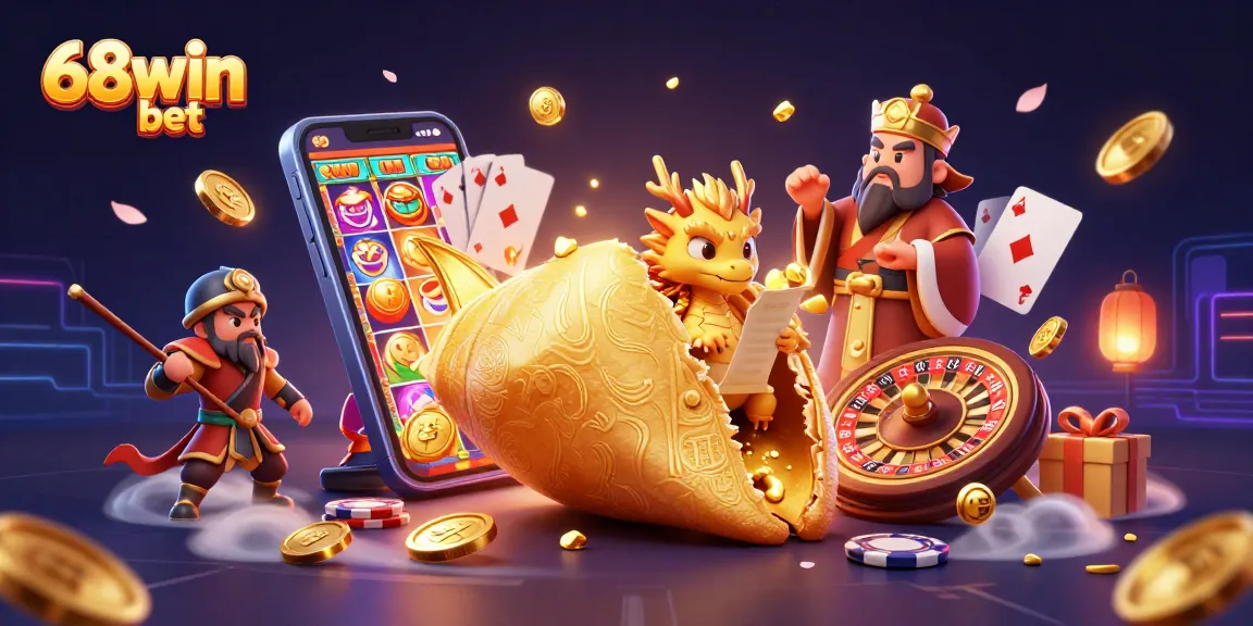 Engage with vibrant 68win bet scenes featuring fortune cookies and dynamic slot games.
