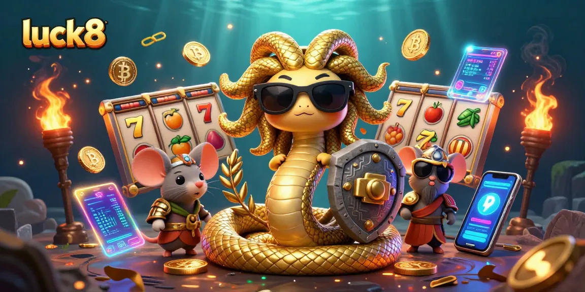 Engage in thrilling casino fun with luck8 featuring Medusa and warrior mouse amid slot reels and crypto elements.