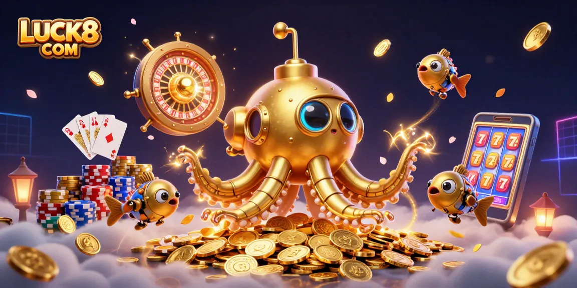 Experience thrilling wins with LUCK8 COM in a vibrant casino scene filled with golden treasures and gaming excitement.
