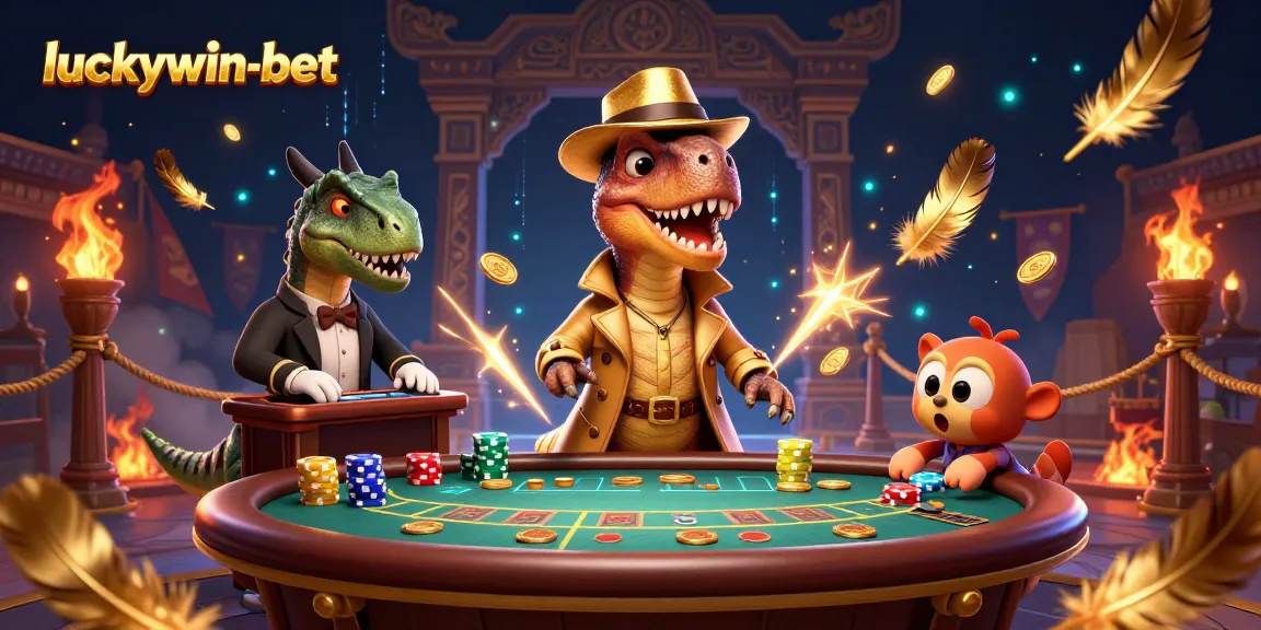 Experience luckywin-bet with a humorous 3D scene of cartoon dinosaurs at a blackjack table.