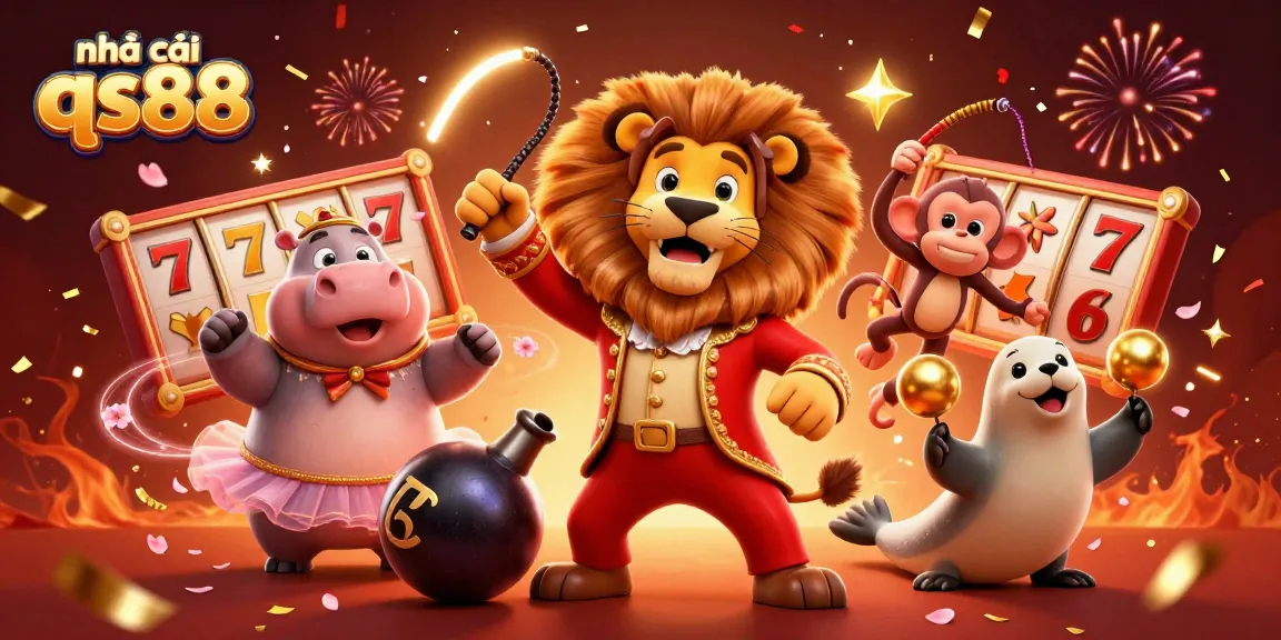 Experience big wins at nhà cái qs88: celebrate with vibrant casino-themed 3D characters amidst epic game elements.