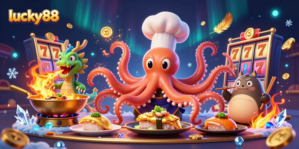 Spin the reels at lucky88 with a sushi chef octopus, dragon, and tanuki in this vibrant casino scene.