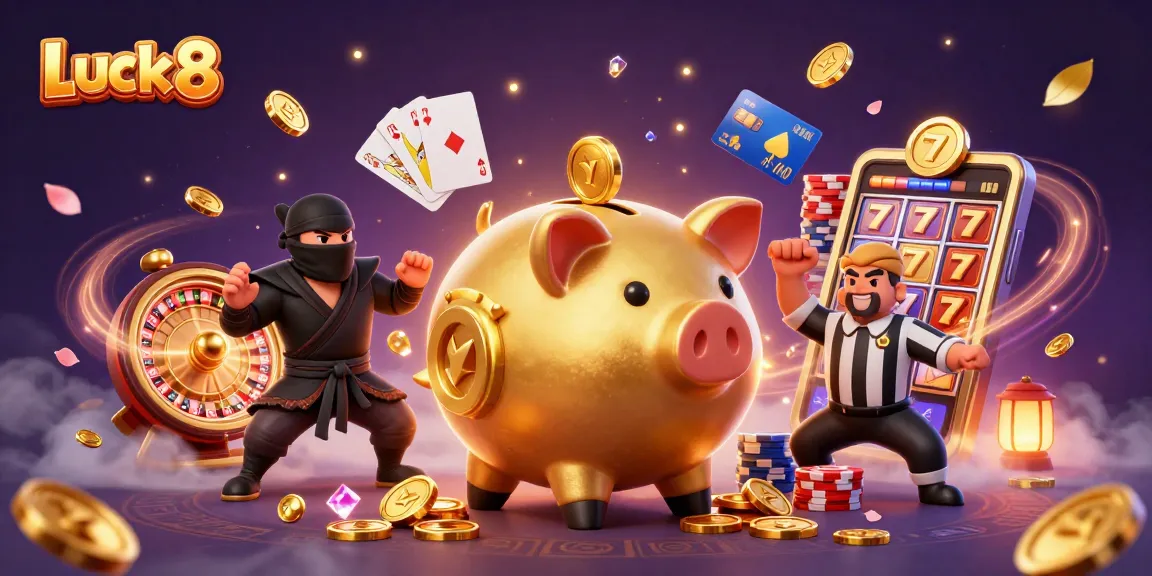 Experience the excitement of Luck 8 with a dynamic scene featuring a sumo wrestler, ninja, and referee.