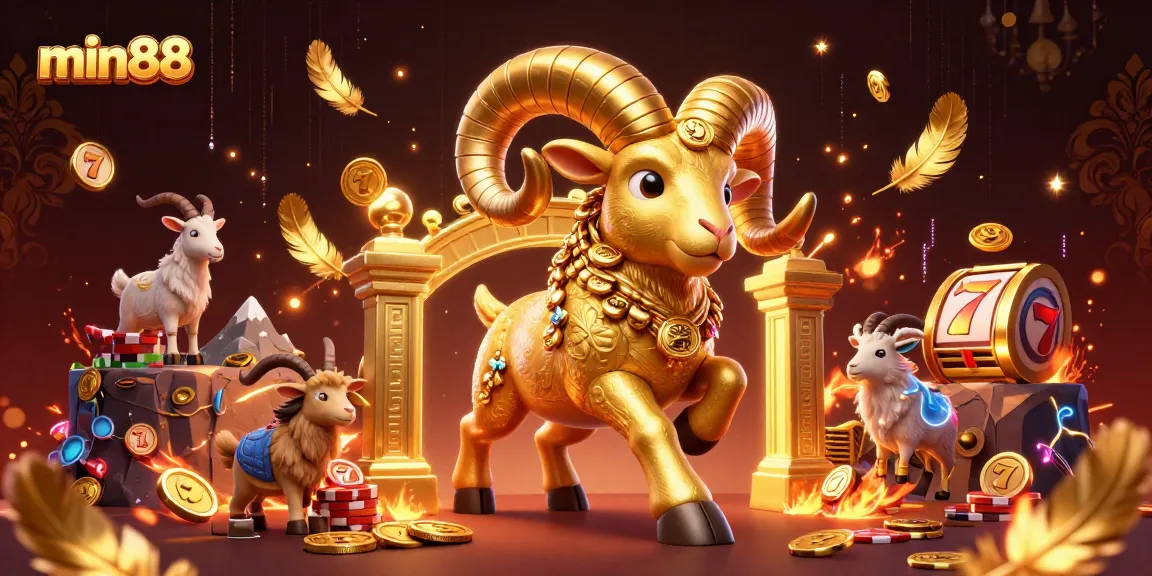 Experience thrilling gameplay with min88's cartoon golden ram amidst dynamic casino elements.