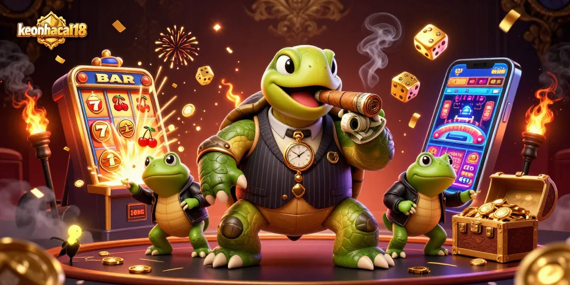Experience the excitement of keonhacai18 with a rich casino scene featuring a snapping turtle and bullfrogs.