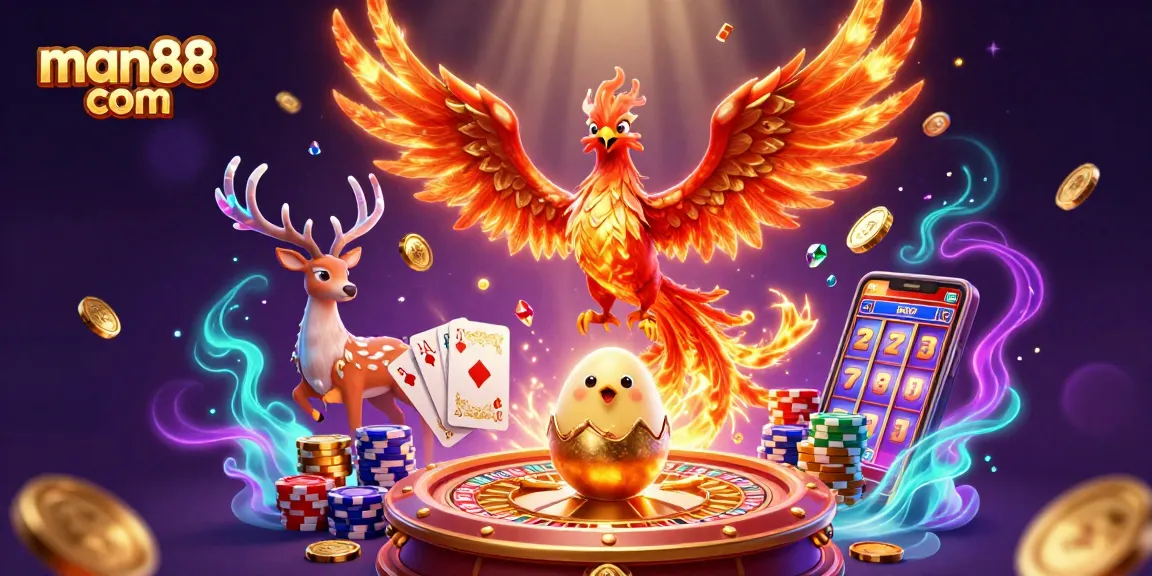 Engage with the thrilling world of man88 com, featuring a vibrant phoenix and casino elements.