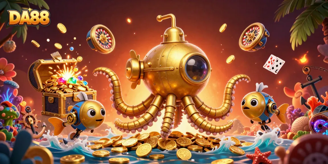 Experience excitement with DA88 as a golden kraken submarine surfaces amid coins and playing cards.