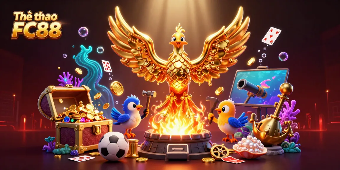 Engage with Thể thao FC88 sports betting excitement featuring a molten golden phoenix and vibrant game elements.