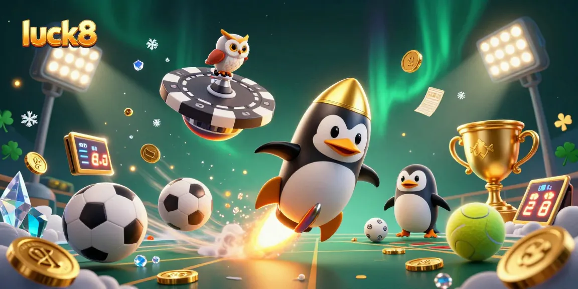 Experience luck8's thrilling gaming adventure with a golden penguin soaring through a casino galaxy.