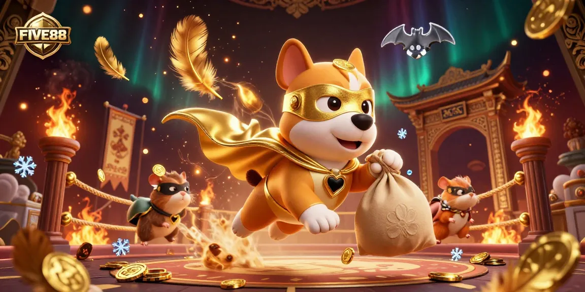 Engage with FIVE88's thrilling casino adventures featuring a superhero dog and gold coins.