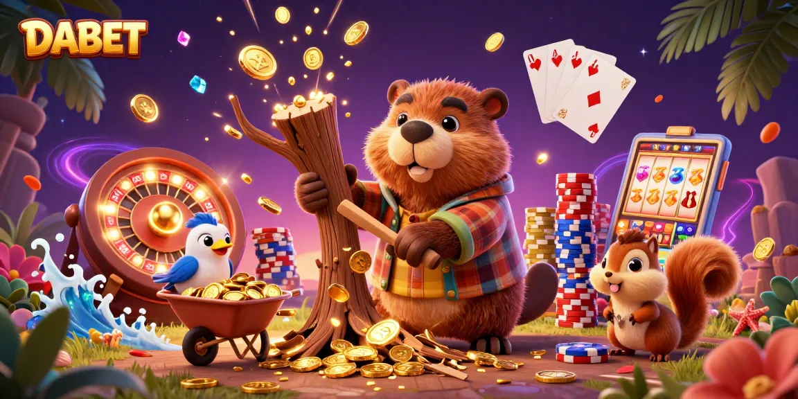 DABET reveals a casino adventure with a cartoon beaver collecting golden coins, embodying excitement in gaming.