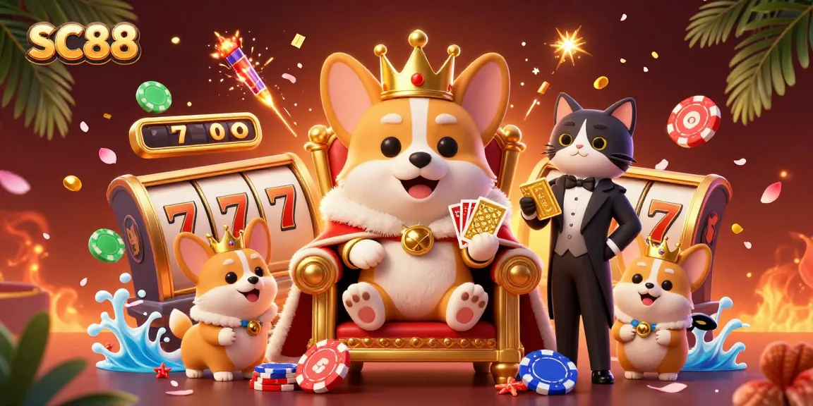 SC88 brings together a royal corgi with a golden crown and poker chips in an engaging casino scene.