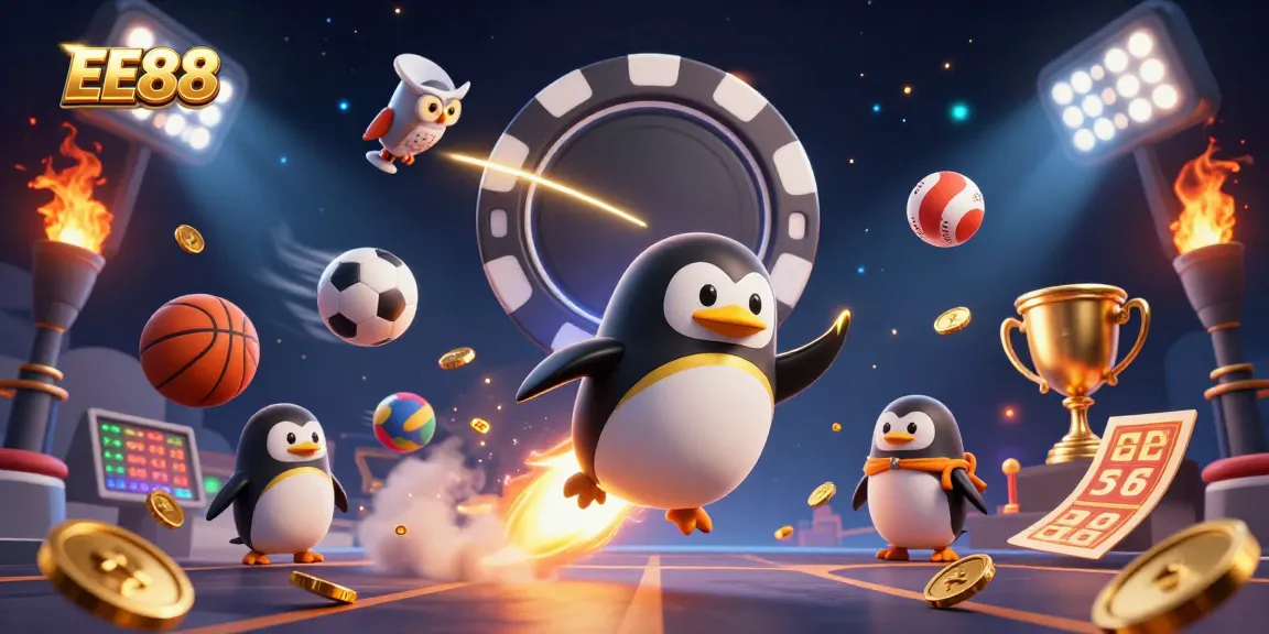 Experience EE88's dynamic betting scene with a golden penguin soaring toward a casino chip.