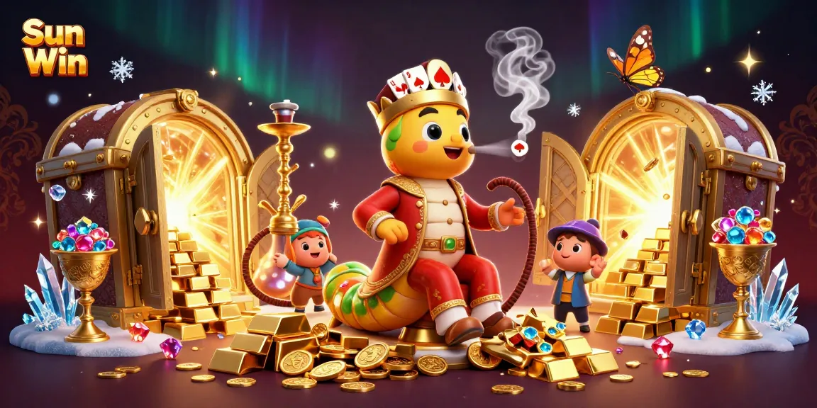 Sun Win captivates players with a vibrant 3D illustration showcasing exciting poker elements amid dazzling treasures.