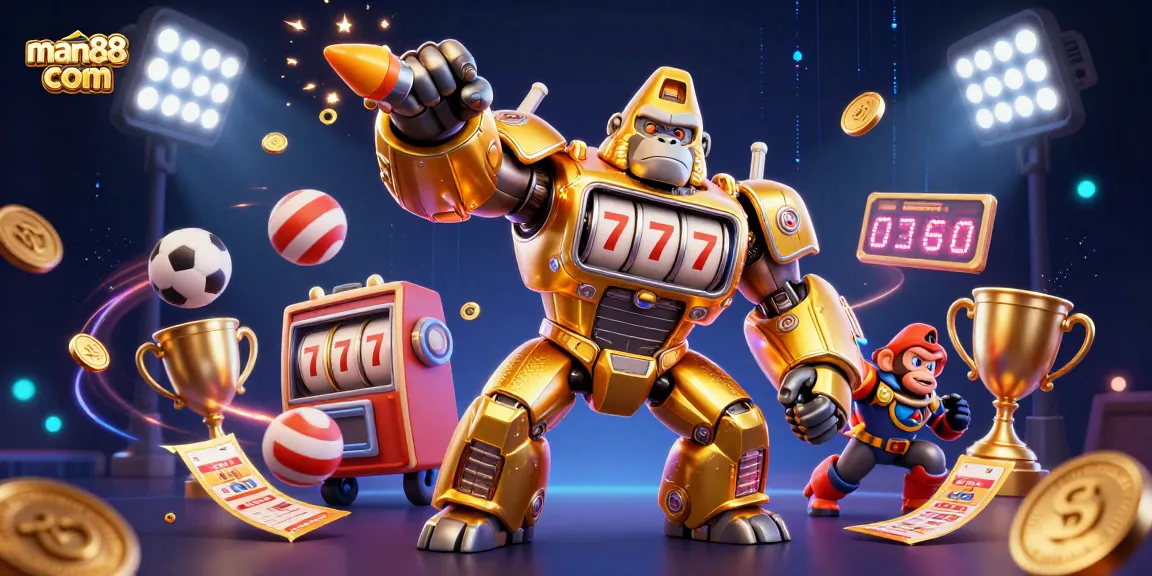 Experience dynamic gaming with man88 com's golden gorilla mech, slot reels, and vibrant sports elements.