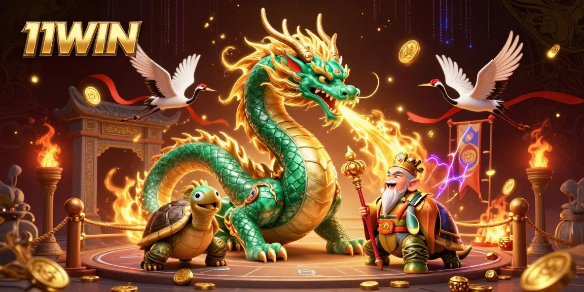Play thrilling games at 11WIN, featuring vibrant scenes of luck and excitement in an immersive casino landscape.