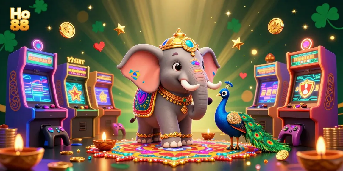 Engage with Ho 88 in a vibrant casino scene featuring a Diwali-themed elephant and peacock.