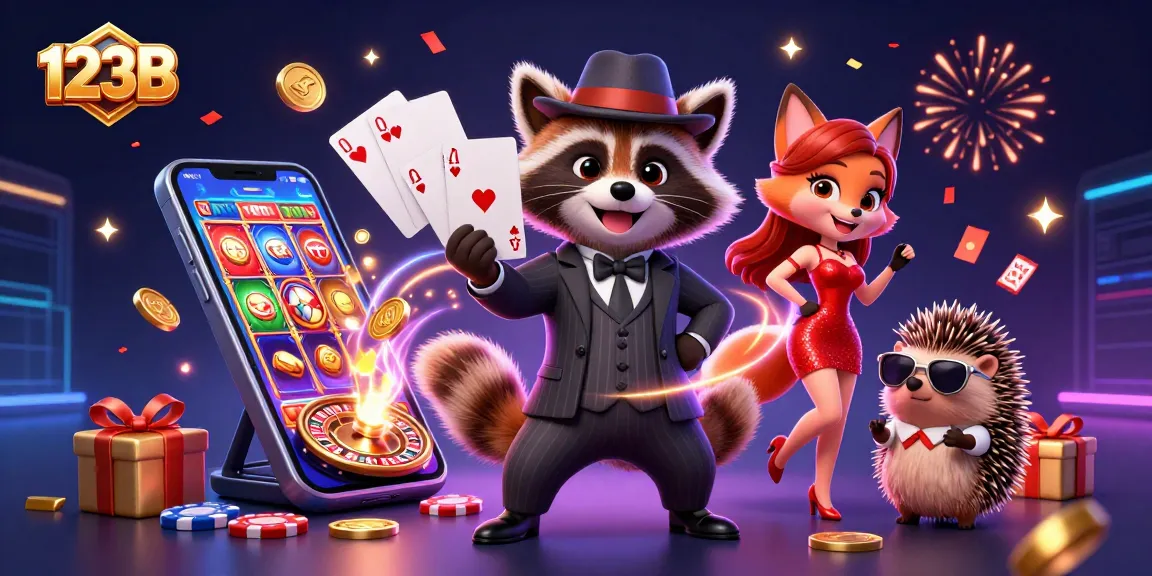 Join the fun with 123B as our suave raccoon, red-sequined fox, and hedgehog bouncer playfully engage in vibrant casino games.