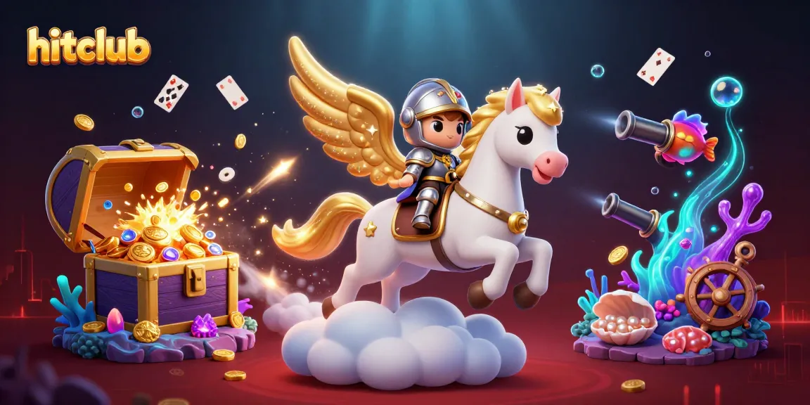 Hitclub showcases exciting online gaming with a charismatic celestial horse and knight, surrounded by vibrant casino symbols.