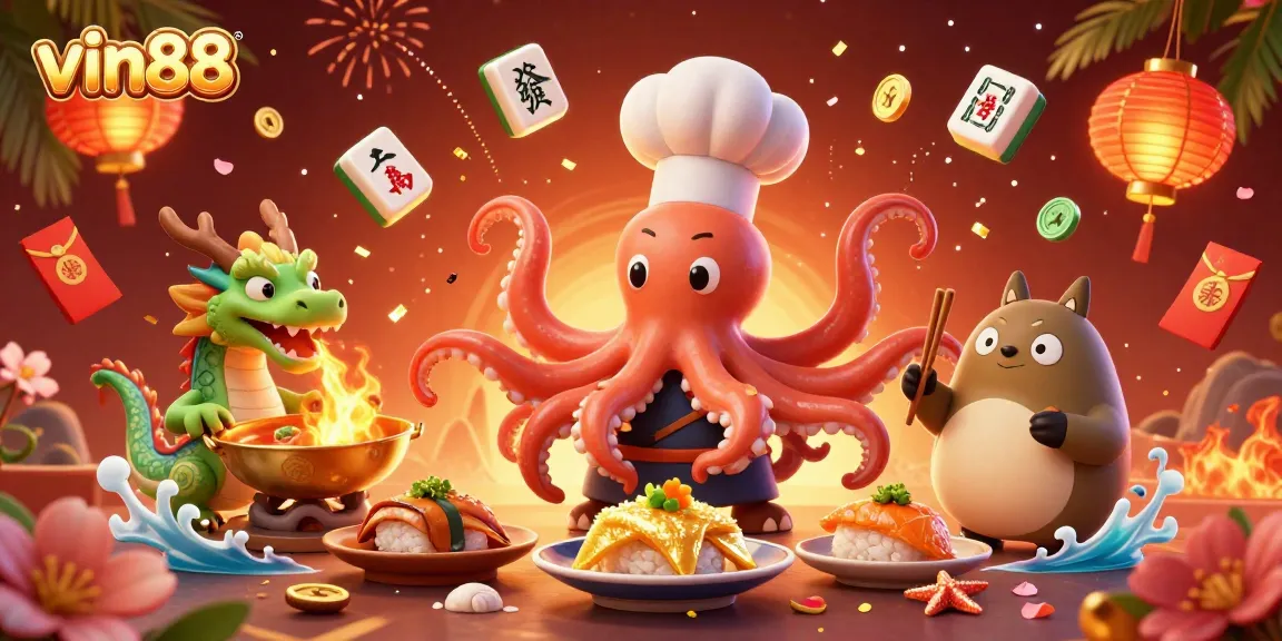 Experience thrilling gambling adventures at vin88 with vibrant 3D characters and casino elements in a dynamic illustration.