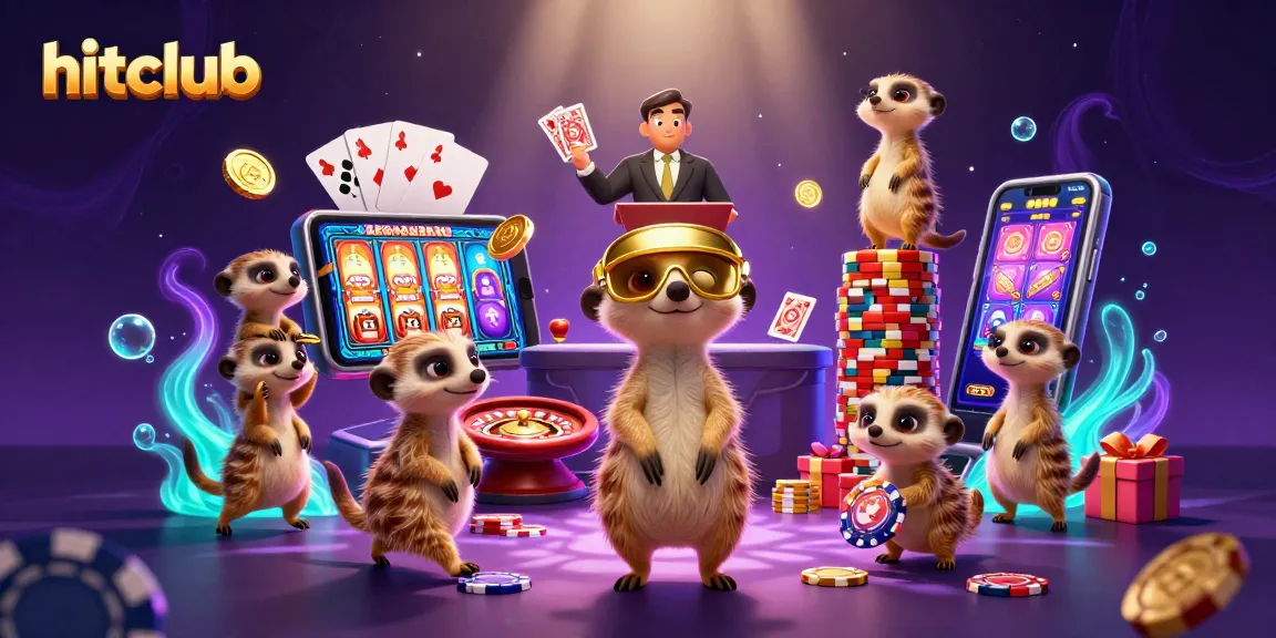 Experience hitclub with cartoon meerkats managing a vibrant casino scene full of games and excitement.