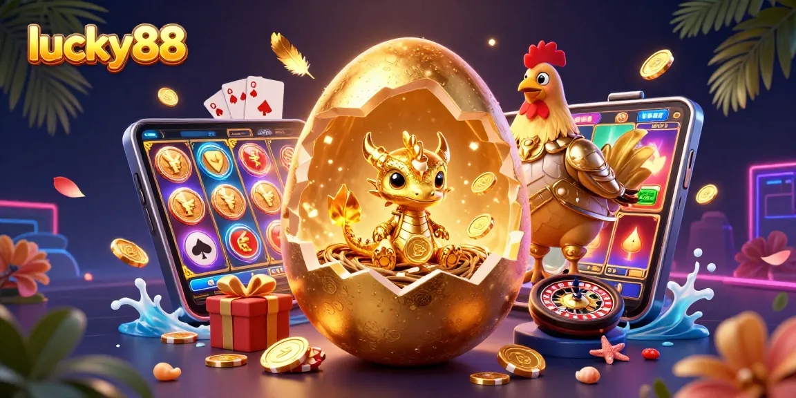 Experience golden jackpots with lucky88 in this vibrant 3D casino illustration filled with action.