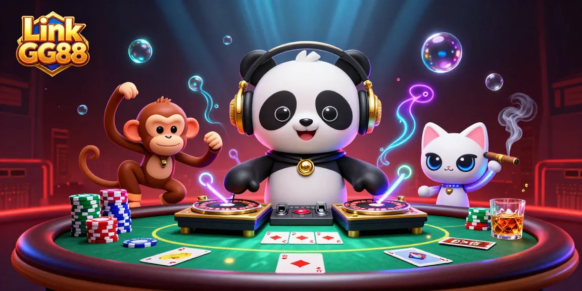 Engage with exciting games at Link GG88's vibrant casino scene, featuring an energetic DJ panda and dynamic characters.