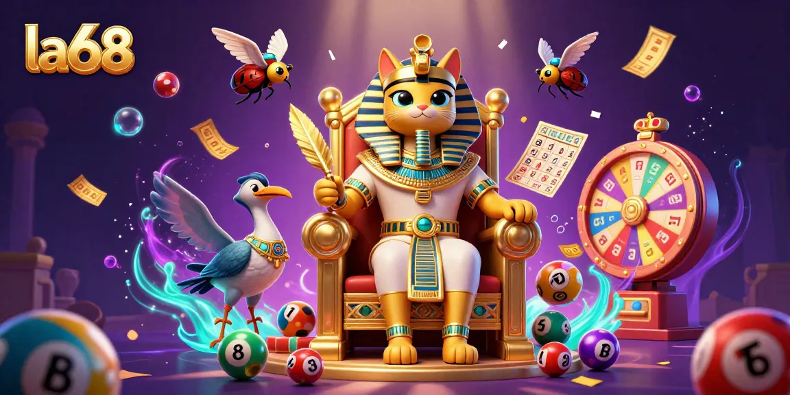 Engage with la68's vibrant online casino atmosphere featuring a pharaoh cat, colorful gaming elements, and a rich mystical backdrop.