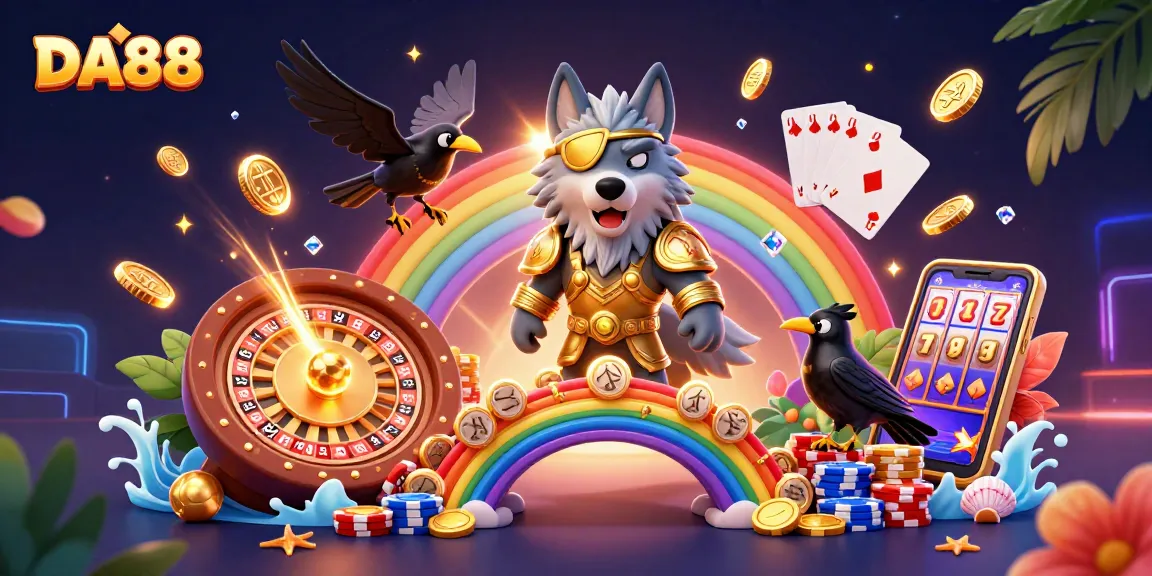 Win big with DA88 in this vibrant, dynamic casino-themed illustration featuring mythical characters.