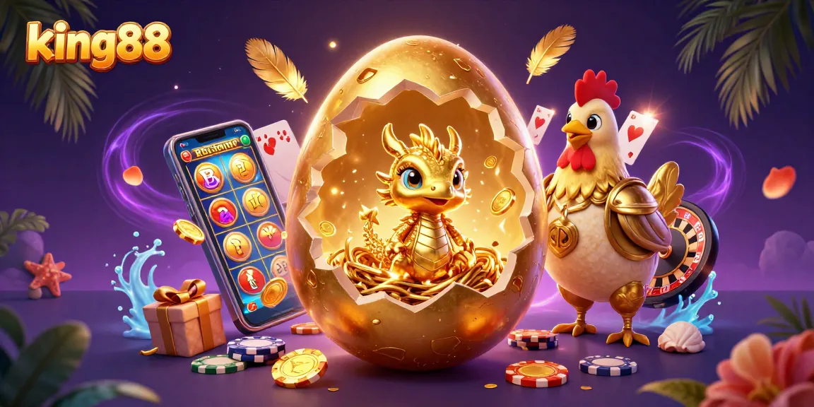 Experience excitement at king88 with a golden dragon emerging from a poker chip nest among vibrant casino elements.