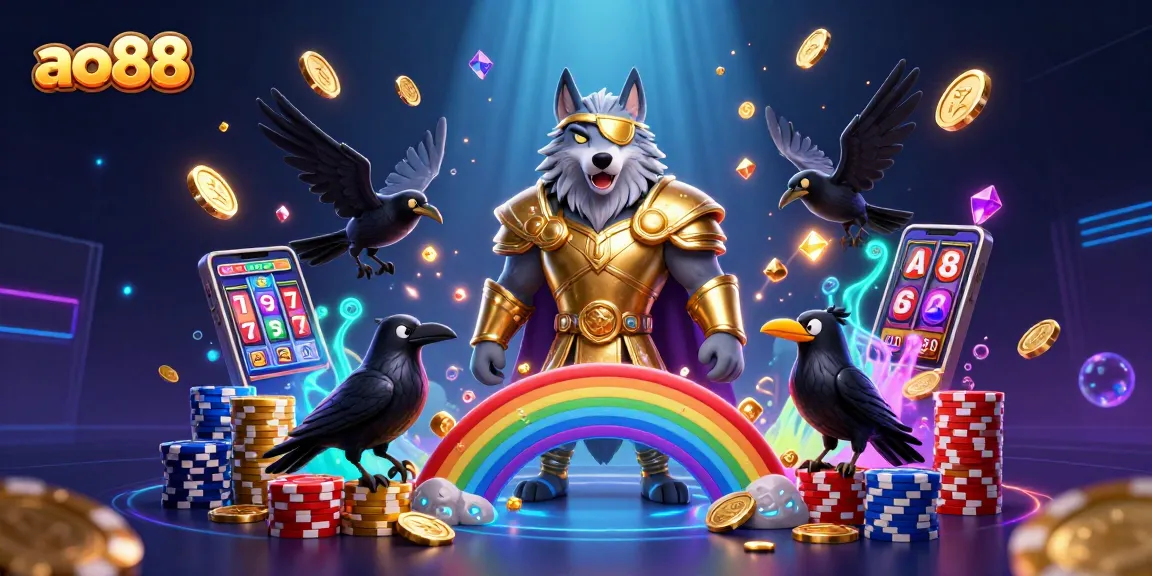 ao88 showcases an engaging scene with Odin and ravens surrounded by vibrant casino elements.