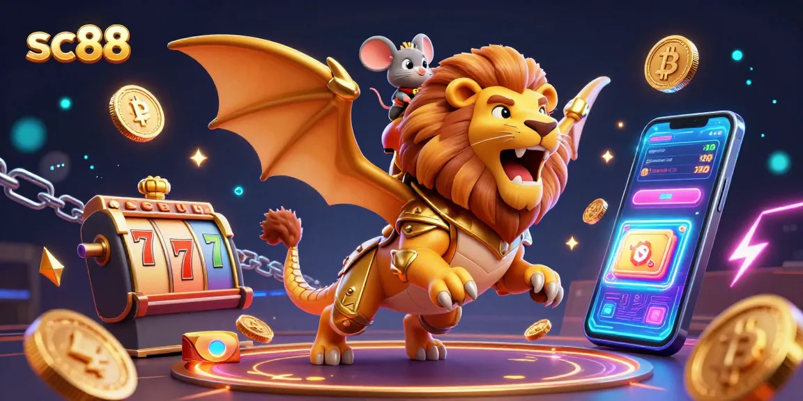 Experience the thrill of sc88 with a vibrant casino scene featuring a bold chimera and floating slot reels.