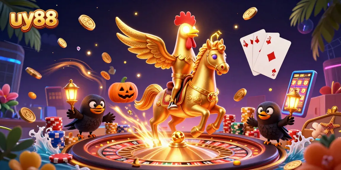Experience the excitement of uy88 with a golden rooster and a midnight casino filled with treasures and games.